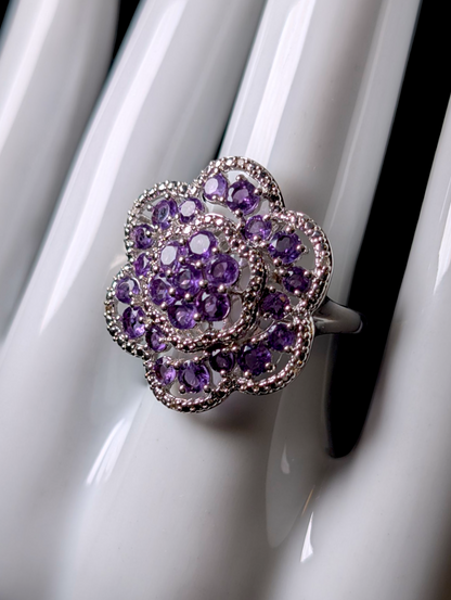 Vintage Flower Cluster Genuine African Amethyst with White Topaz Accent Stones Sterling Silver Ring