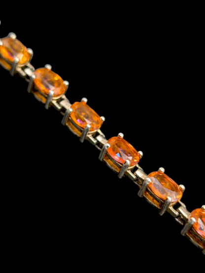 Vintage 14+ Carat Oval Cut Orange Genuine Mexican Fire Opal Pink and Blue Flash Sterling Silver Tennis Bracelet