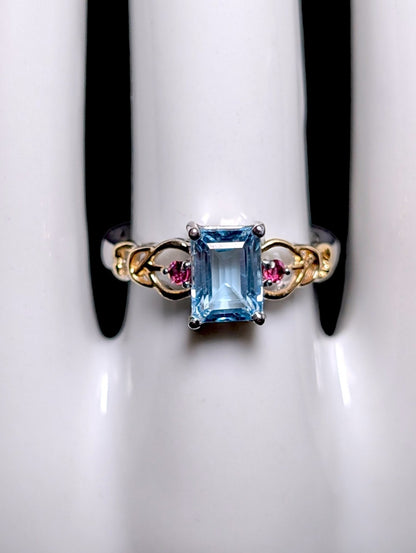Vintage Emerald Cut Genuine Topaz and Pink Tourmaline 14k Yellow Gold and Sterling Silver Ring