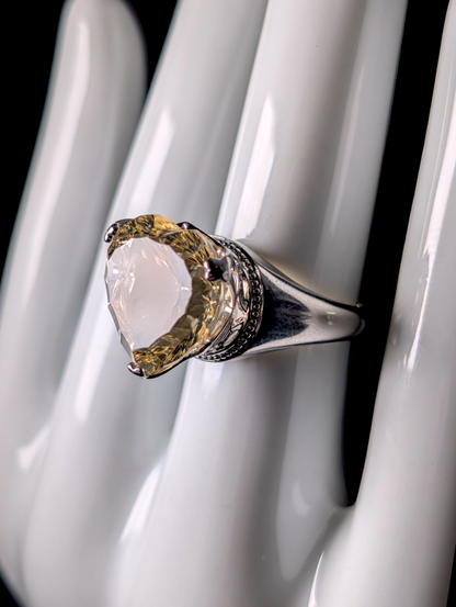 Vintage Heart Cut Genuine Yellow Labradorite Solitaire Sterling Silver Statement Ring