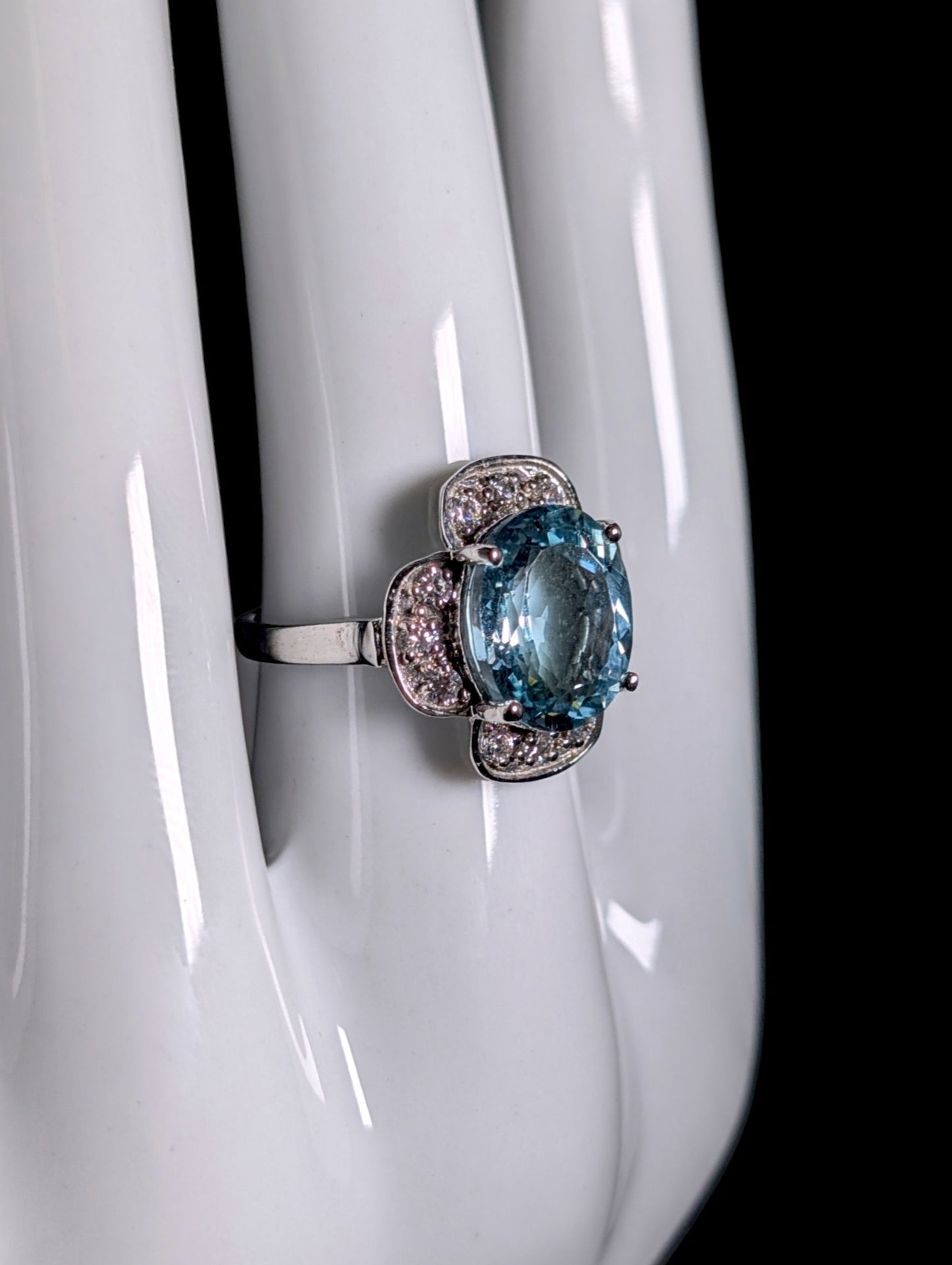 Vintage Genuine 4.5ct Aquamarine with Dazzling Halo White Gold over Sterling Ring