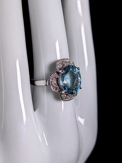 Vintage Genuine 4.5ct Aquamarine with Dazzling Halo White Gold over Sterling Ring