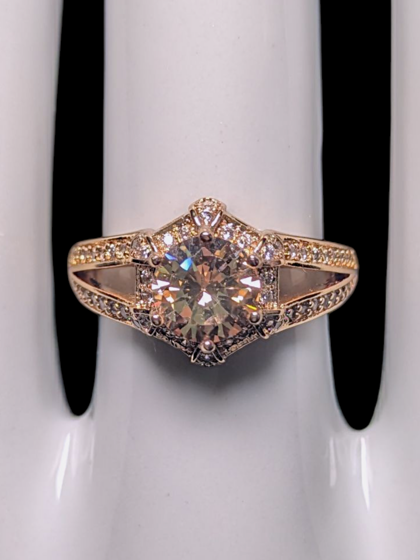 Vintage Inspired Round Cut Simulated Citrine Solitaire with Simulated Diamond Halo and Band Accents Gold Toned Ring