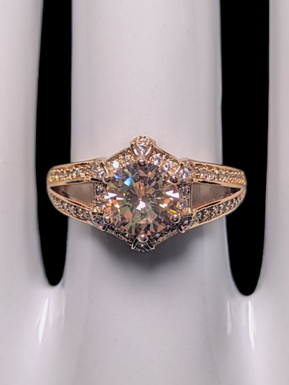 Vintage Inspired Round Cut Simulated Citrine Solitaire with Simulated Diamond Halo and Band Accents Gold Toned Ring
