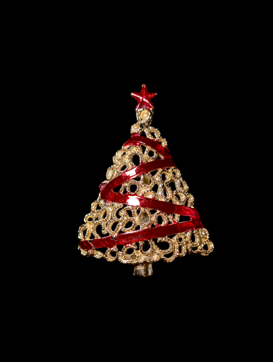 Vintage Christmas Tree Enamel Ribbon Gold Toned Brooch Pin