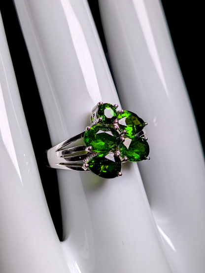 Vintage Multi-Cut Emerald Green Genuine Chrome Diopside Sterling Silver Split Shank Designer Ring