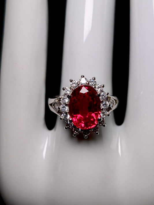 Vintage Oval Cut Genuine Ruby Solitaire with Simulated Diamond Halo Sterling Silver Statement Ring