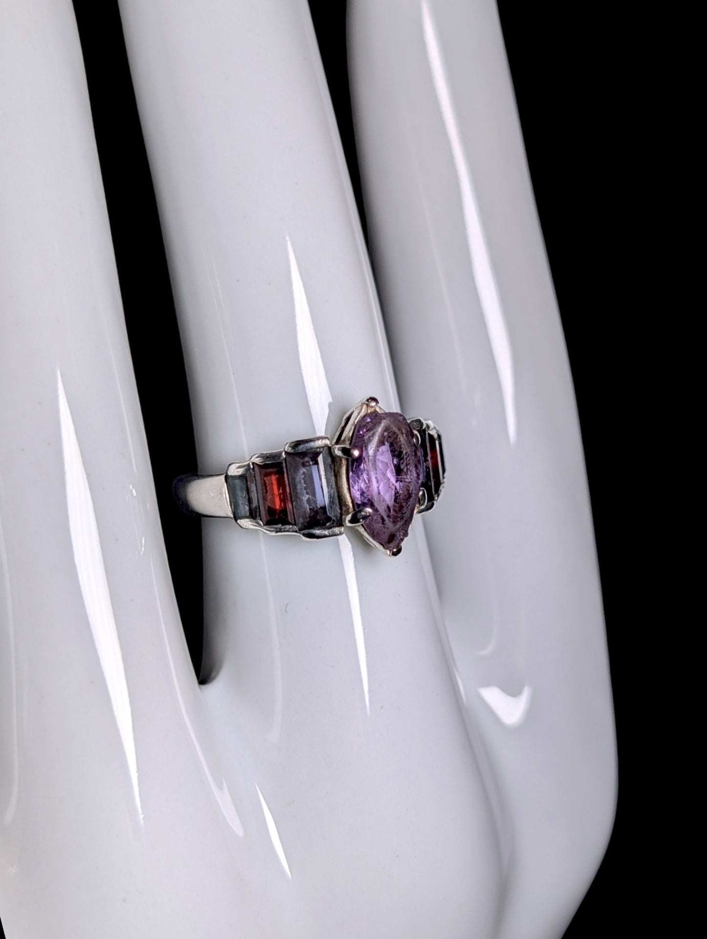 Vintage Marquise Genuine Amethyst, Topaz and Garnet Sterling Ring