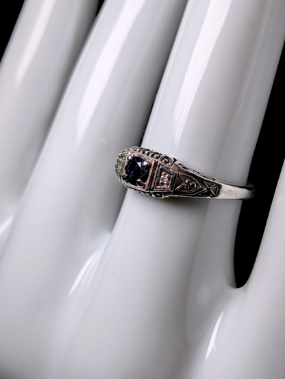 Vintage Edwardian Inspired Round Cut Genuine Blue Sapphire Solitaire with Diamond Accent Stones Sterling Silver Ring
