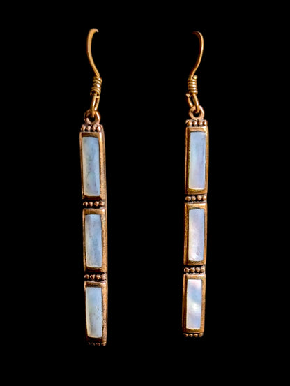 Vintage Genuine Mother of Pearl Dangle 10k Gold Rectangular Bar Earrings