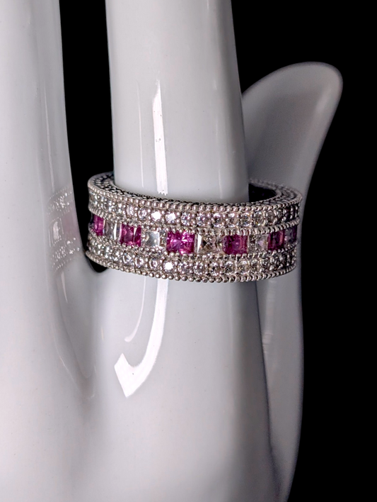 Vintage Sparkling Genuine Pink Sapphire and Simulated Diamond Sterling Silver Band Ring