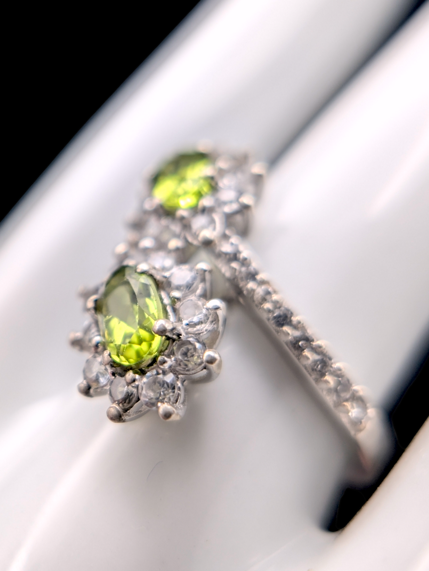 Vintage Starburst Double Genuine Peridot and White Topaz Halo Sterling Silver Ring