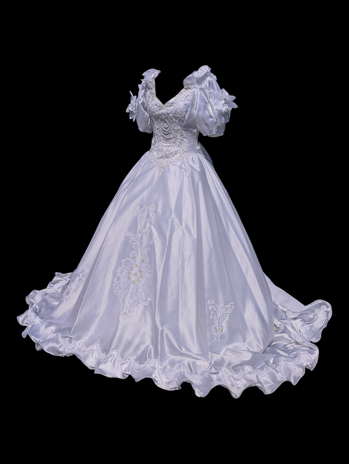 Vintage "Cinderella" Timeless White Wedding Dress with Ruffled Train, Puffed Sleeves, Rosette Details and Aurora Borealis Sequins Dripping with Pearls