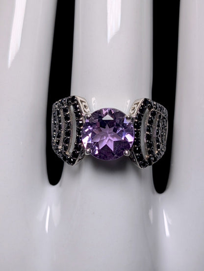 Vintage Round Cut Genuine Amethyst Solitaire with Black Onyx Sterling Silver Ring