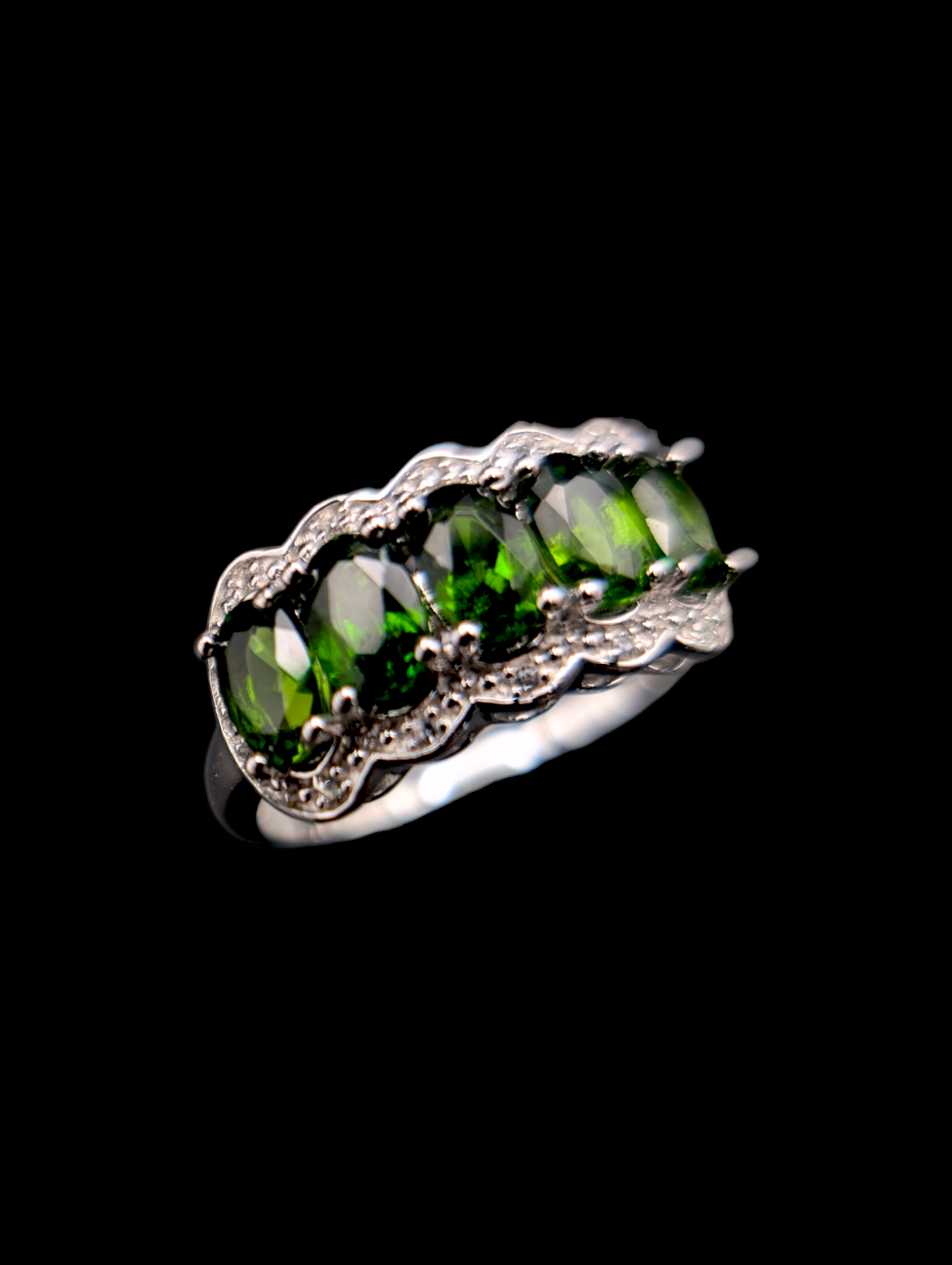 Vintage Genuine Earth Mined Green Chrome Diopside and White Topaz Sterling Silver Ring