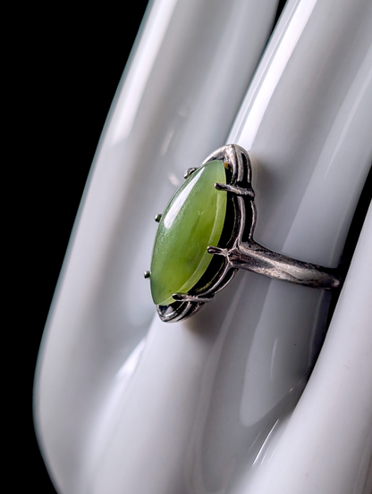 Vintage Marquise Cut Earth Mined Genuine Jade Solitaire with Scalloped Detailing Sterling Silver Ring