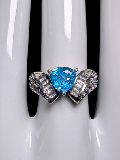 Vintage Genuine Swiss Blue Topaz Solitaire with White Topaz Sterling Silver Ring