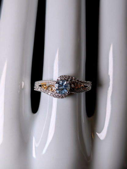 Vintage Inspired Enchanting Genuine Aquamarine Solitaire with White Zircon Accent Stones and 14k Gold Filigree Sterling Silver Ring