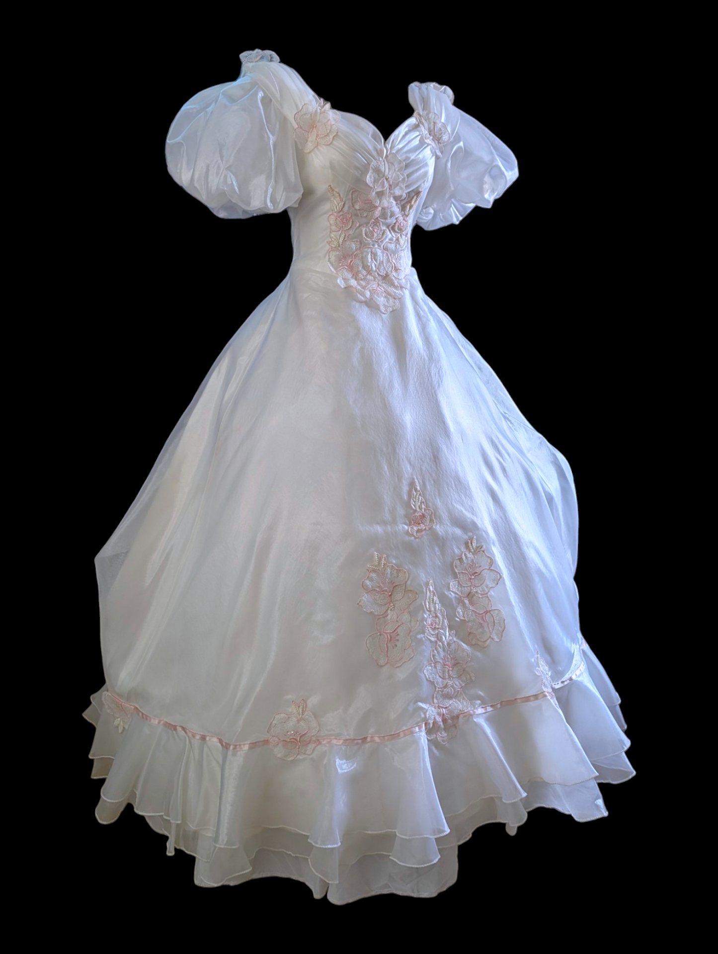 1980s Labyrinth Style Wedding Dress with Puff Sleeves, Open Back and Long Train