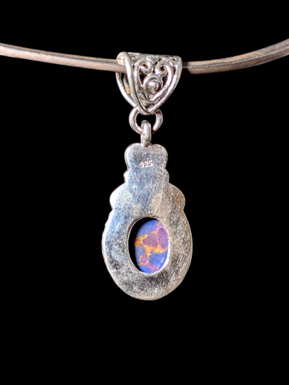 Vintage Oval Cut Bezel Cabochon Genuine Purple Turquoise Sterling Silver Studded Artisan Pendant