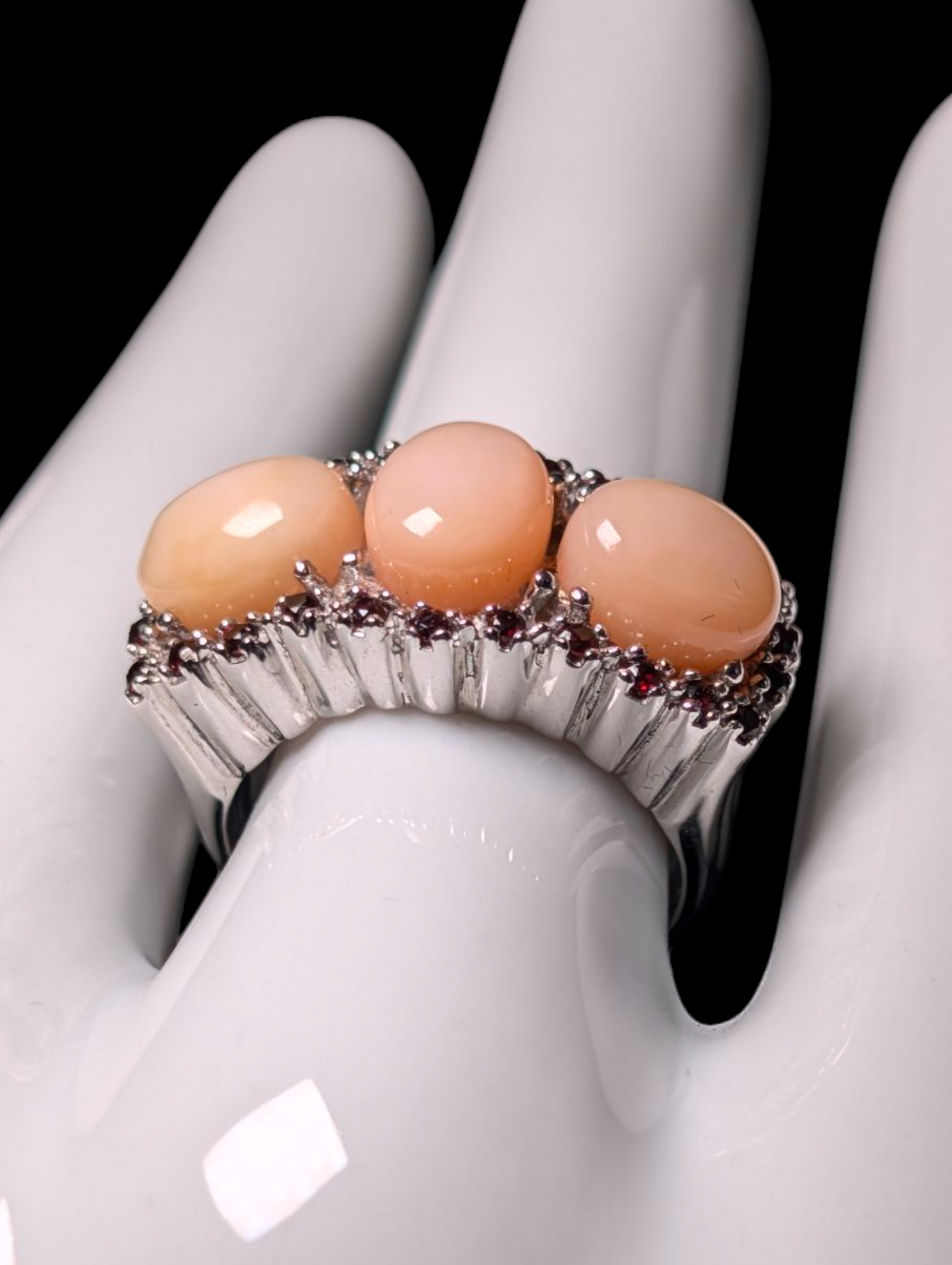 Vintage Genuine Pink Opal and Garnet Sterling Silver Statement Ring