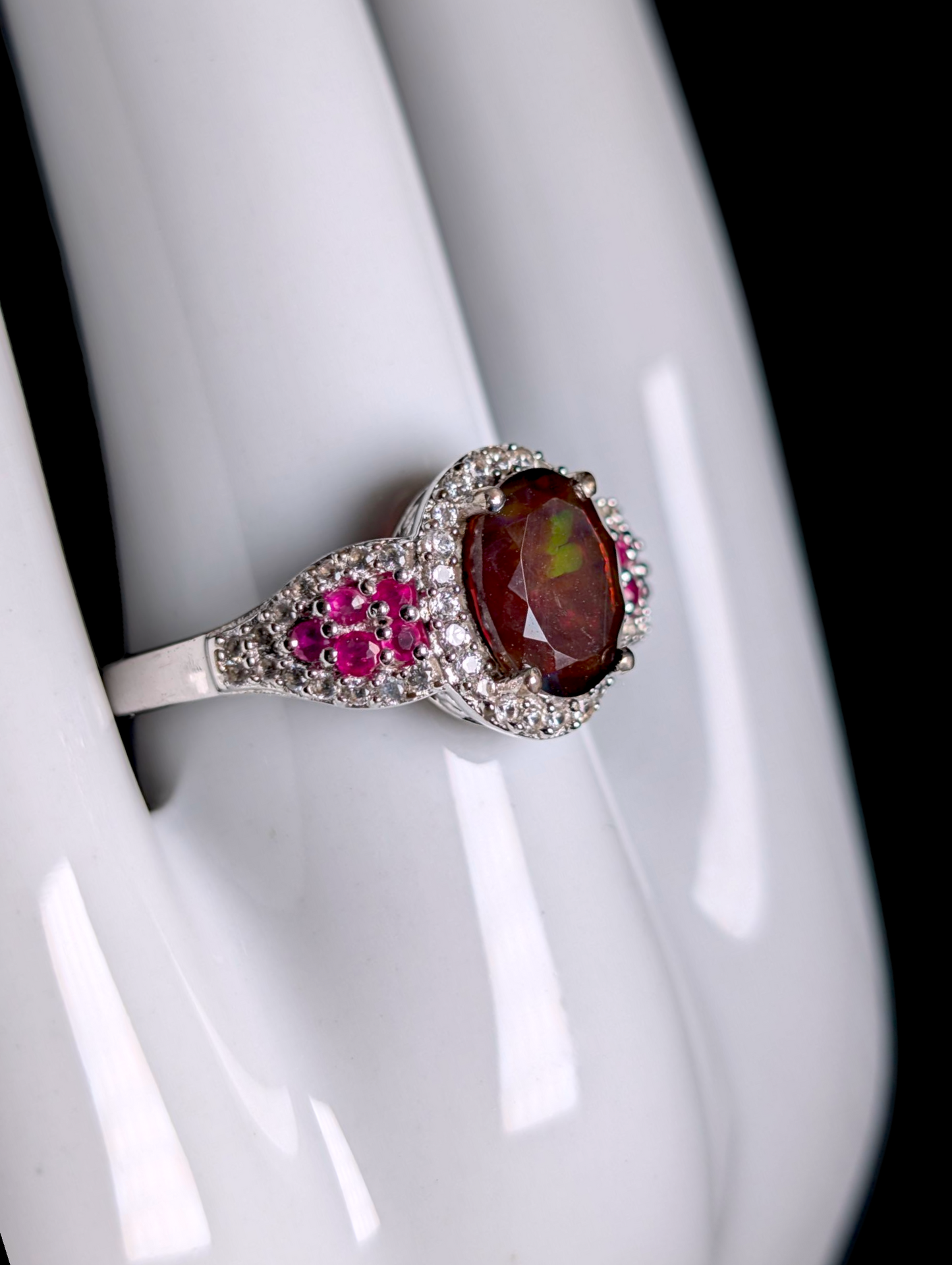 Vintage Earth Mined Genuine Black Fire Opal Solitaire with White Topaz Halo and Ruby Accent Stones Sterling Silver Ring
