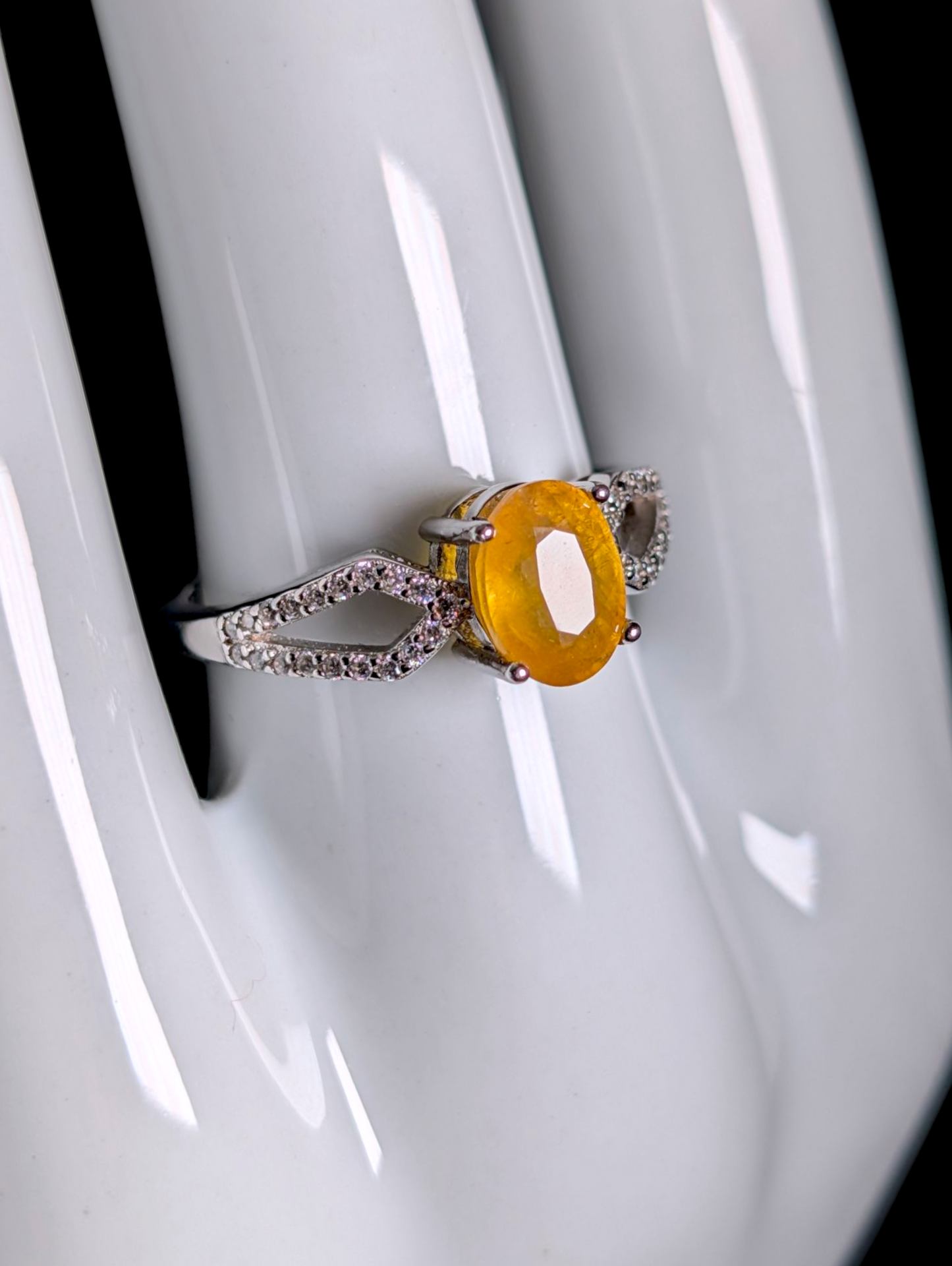 Vintage Inspired Oval Cut Earth Mined Genuine Yellow Sapphire Solitaire 14k White Gold over Sterling Split Shank Ring
