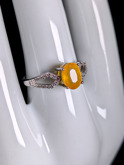 Vintage Inspired Oval Cut Earth Mined Genuine Yellow Sapphire Solitaire 14k White Gold over Sterling Split Shank Ring