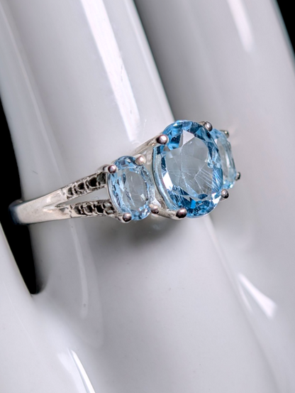 Vintage Oval Cut Three Stone Genuine Sky Blue Topaz Sterling Silver Ring
