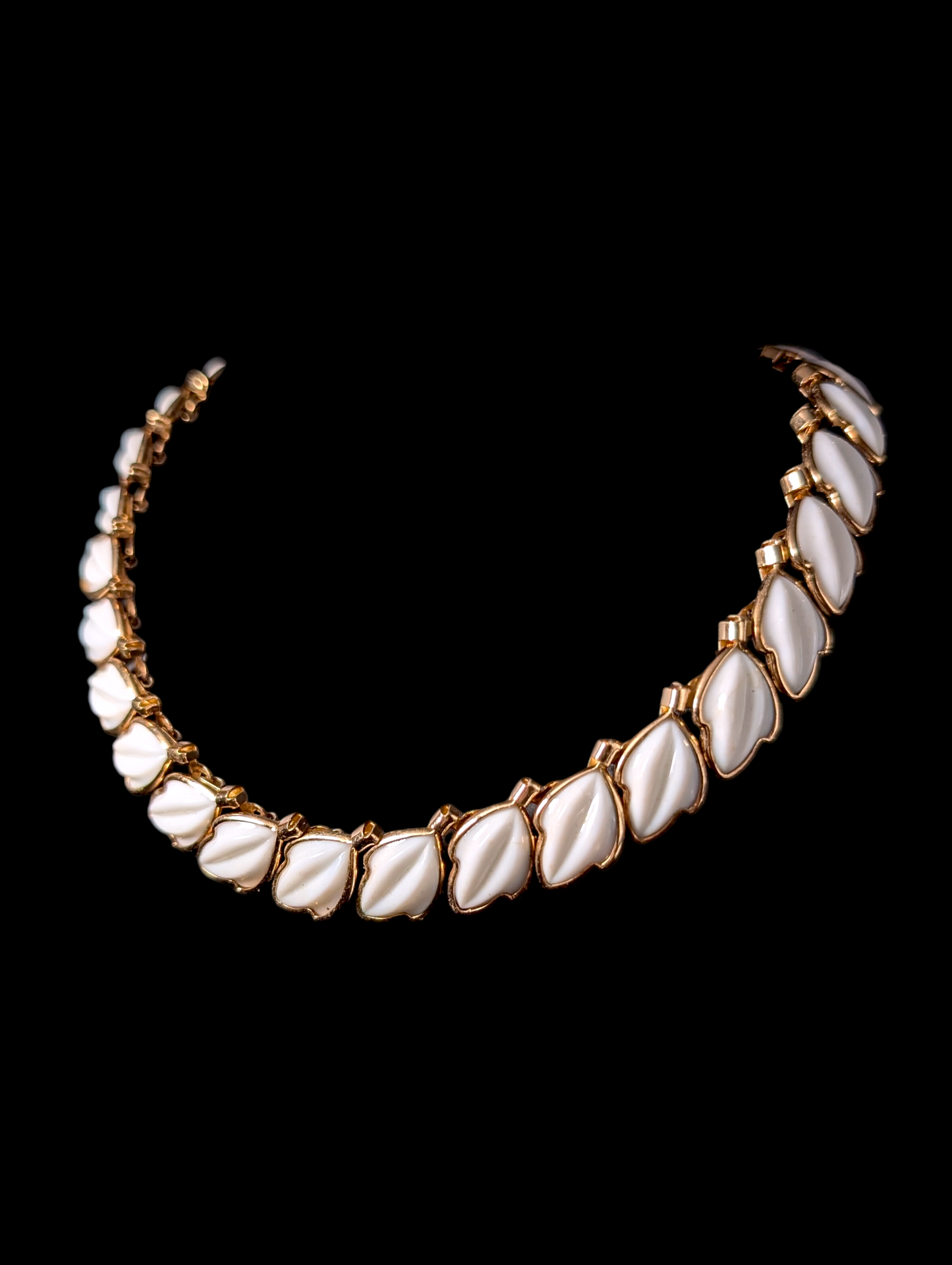 1950s - 1960s Crown Trifari Alfred Phillippe Dogwood White Leaf Choker Necklace and Matching Earrings Statement Set