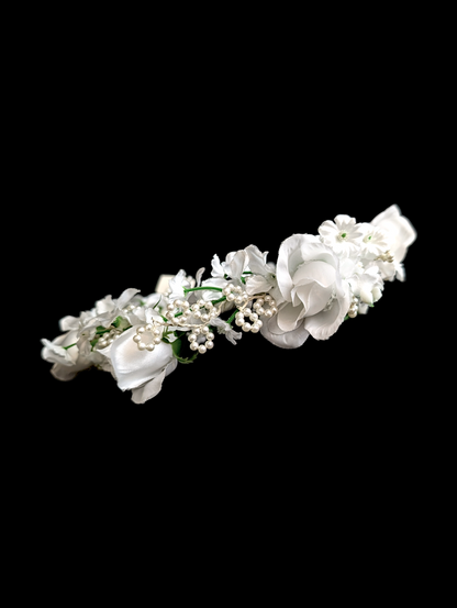 Vintage White Silk Rose Flower Crown Headpiece with Green Foliage