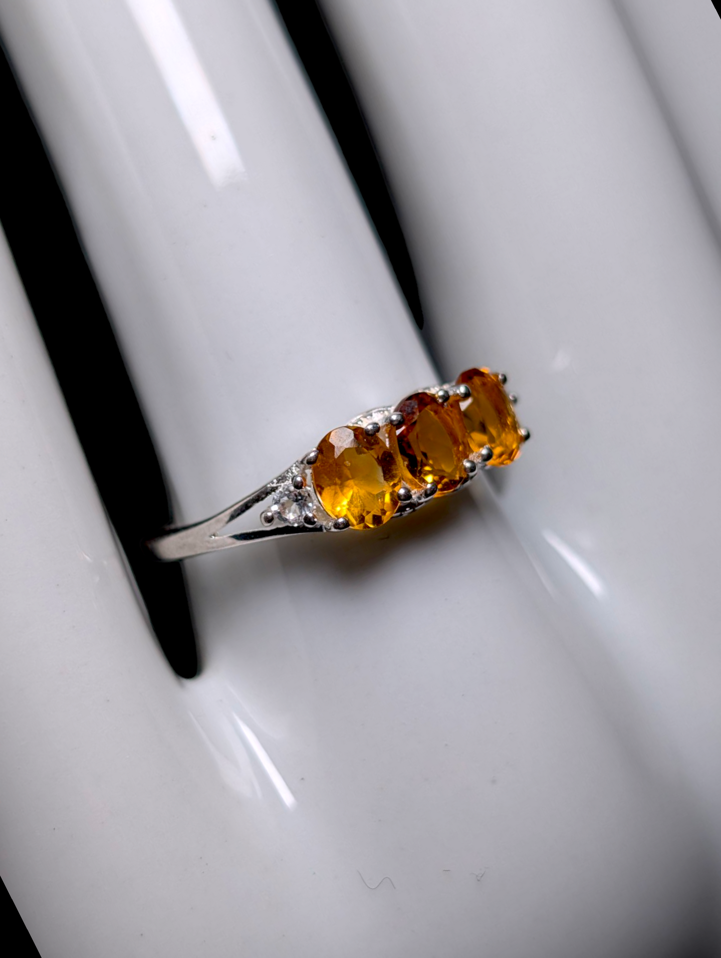 Vintage Oval Cut Three Stone Genuine Golden Citrine with White Topaz Accent Stones Sterling Silver Ring