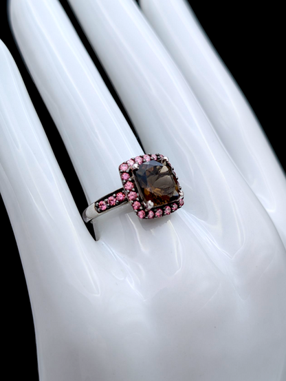 Vintage Cushion Cut Genuine Smoky Quartz and Simulated Pink Sapphire Sterling Silver Ring