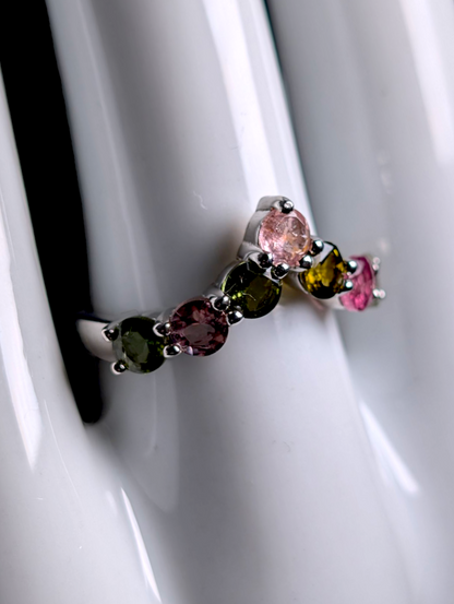 Vintage Round Cut Earth Mined Genuine Multi-Color Tourmaline Sterling Silver Chevron Stackable Ring