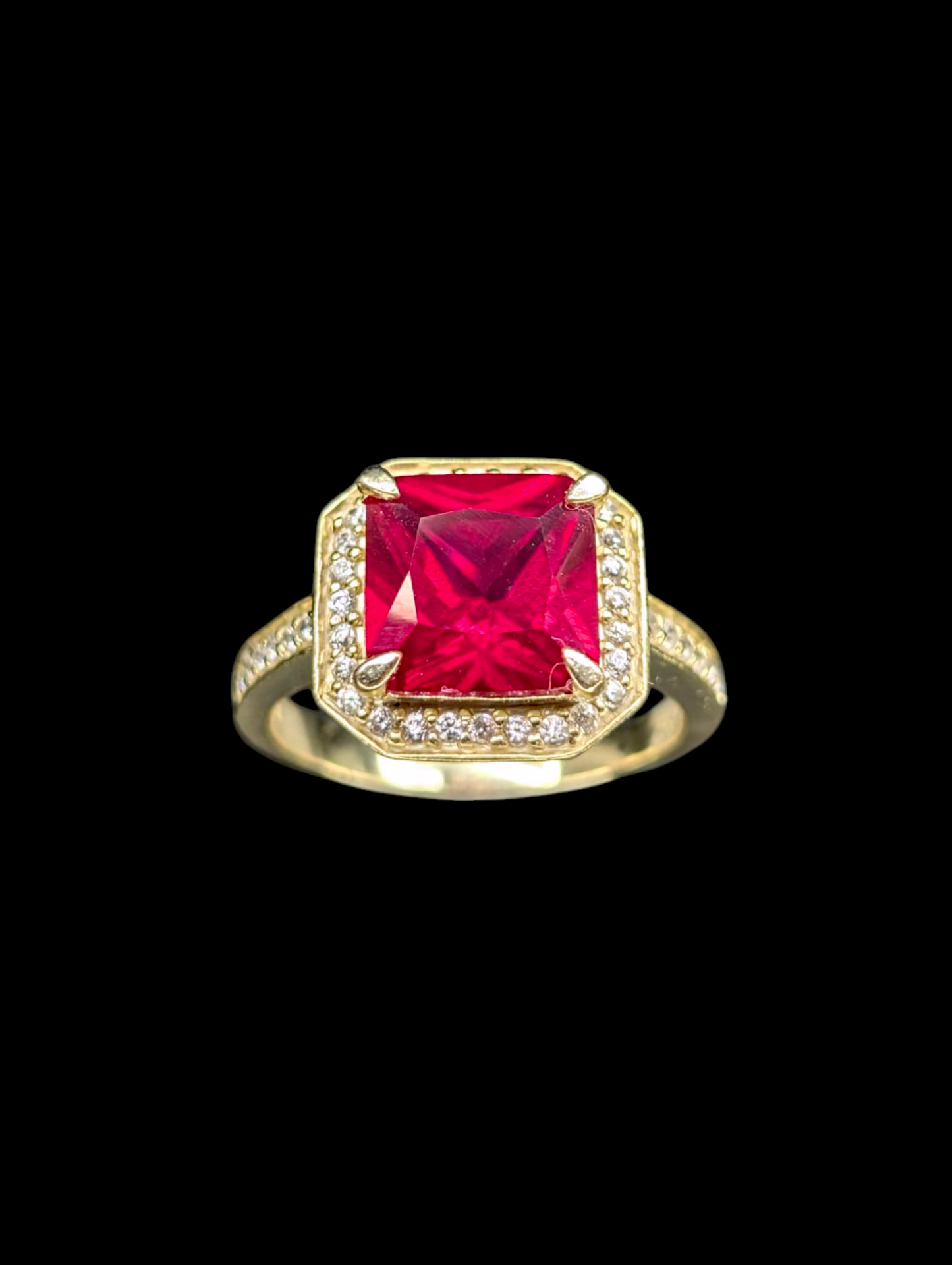 Vintage 5.6 Carat Solitaire Genuine Ruby and Zircon Halo 14k Gold Vermeil Princess Cut Ring
