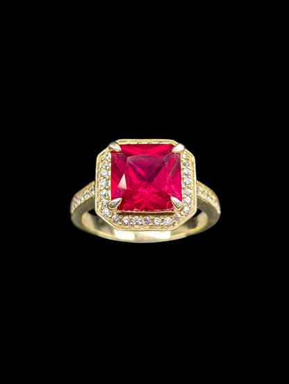 Vintage 5.6 Carat Solitaire Genuine Ruby and Zircon Halo 14k Gold Vermeil Princess Cut Ring