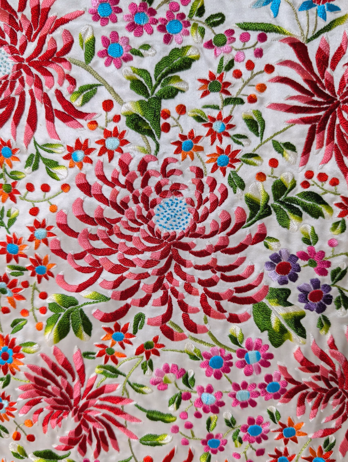 Antique Rare Manton De Manila Embroidered Florals Silk Flamenco Piano Shawl in White with Hand Knotted Macrame Fringe