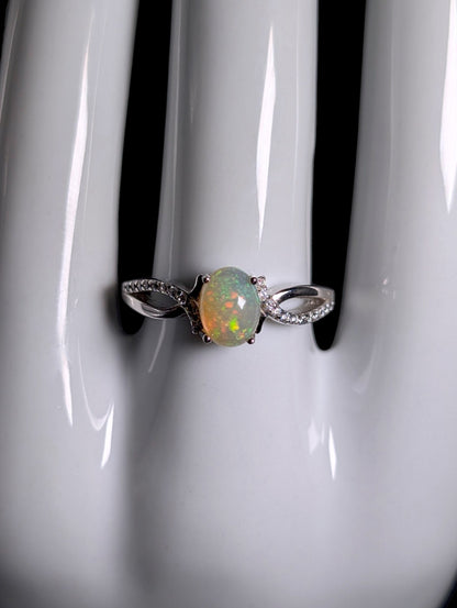 Vintage Genuine Opal Solitaire Crossover Sterling Ring
