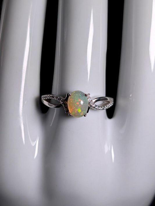Vintage Genuine Opal Solitaire Crossover Sterling Ring