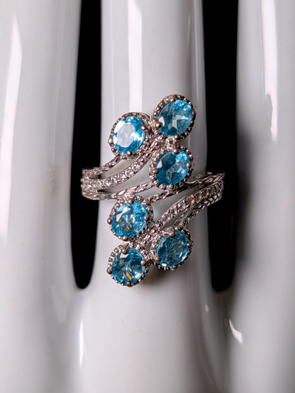 Vintage Six Stone Genuine Blue Apatite and White Zircon Sterling Silver Cocktail Ring