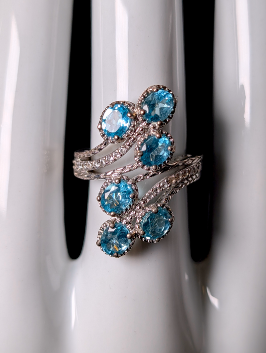 Vintage Six Stone Genuine Blue Apatite and White Zircon Sterling Silver Cocktail Ring