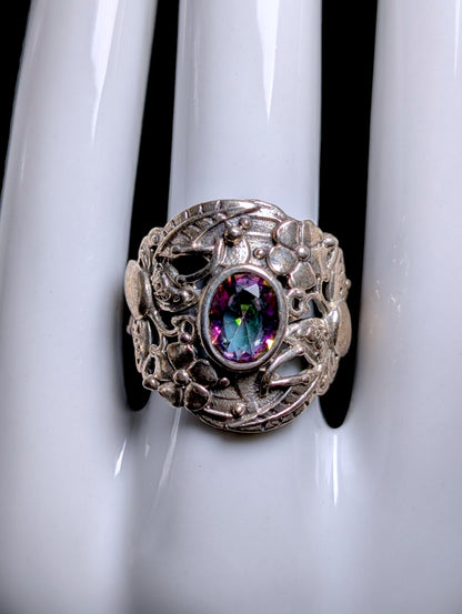Vintage Art Nouveau Inspired Simulated Mystic Topaz Flower and Butterfly Sterling Silver Ring