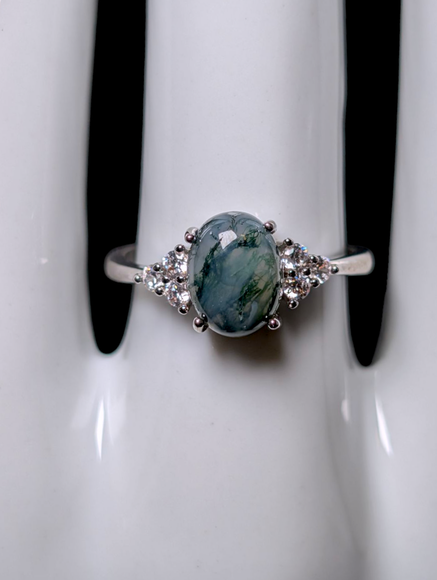 Vintage Earth Mined Genuine Moss Agate Solitaire with Simulated Diamond Accented Sterling Silver Ring