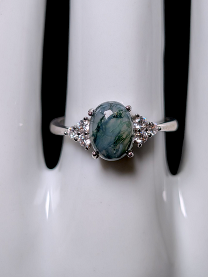 Vintage Earth Mined Genuine Moss Agate Solitaire with Simulated Diamond Accented Sterling Silver Ring