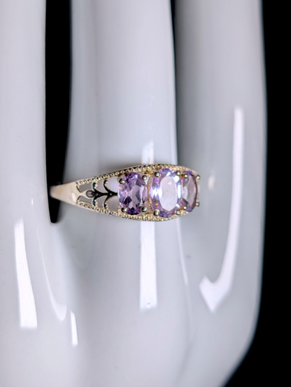 Vintage 3 Stone Genuine Lavender Amethyst Sterling Silver Filigree Ring