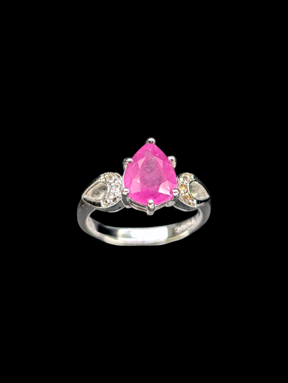 Vintage Pear Cut Faceted Genuine Pink Sapphire and White Topaz Sterling Silver Ring