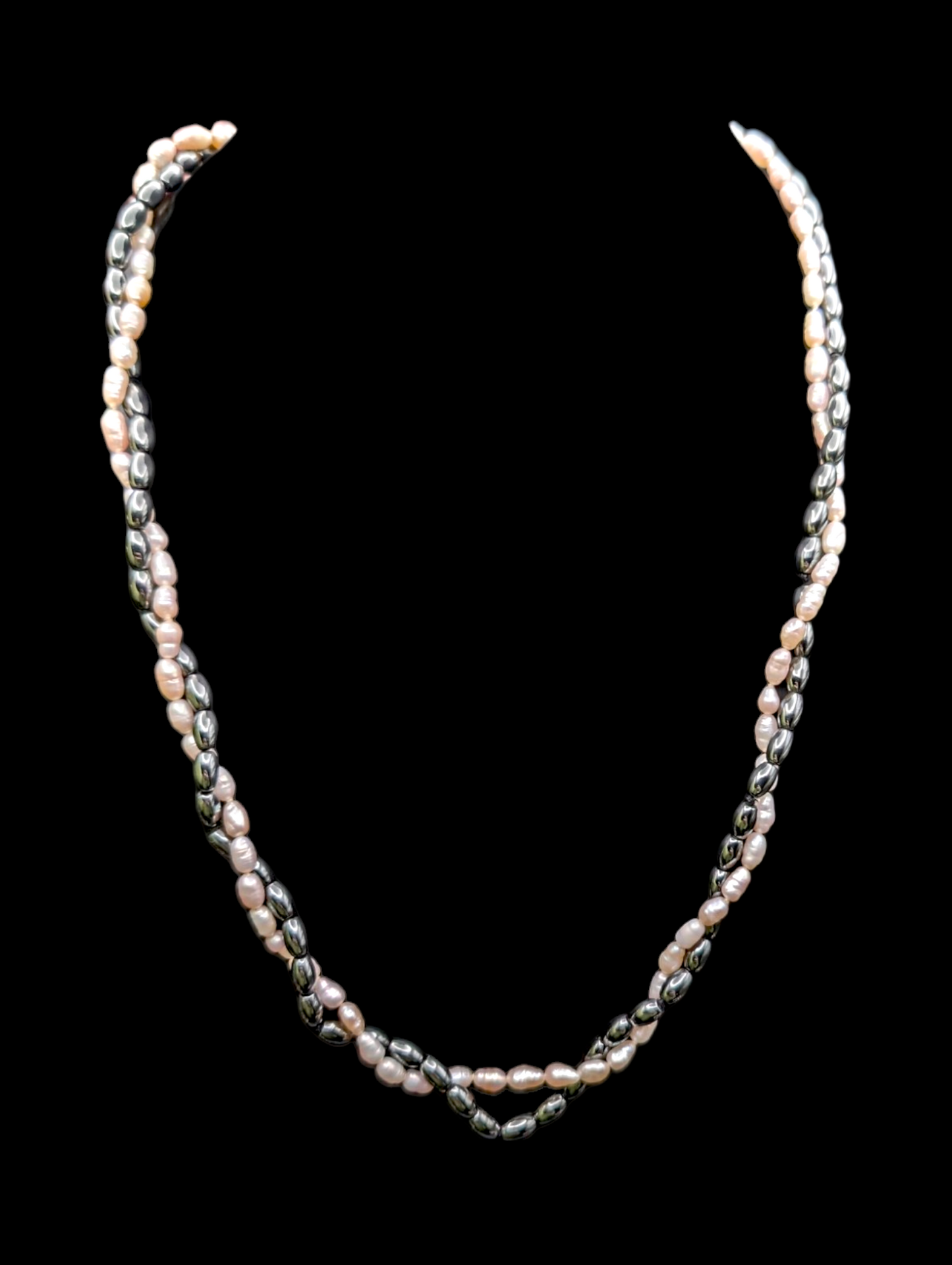 Vintage 2 Strand Baroque Pearl and Hematite Bead Hand Knotted Necklace