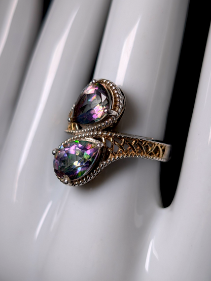 Vintage Inspired Pear Cut Twin Genuine Mystic Topaz with 14k Gold Filigree and Sterling Silver Wrap Ring