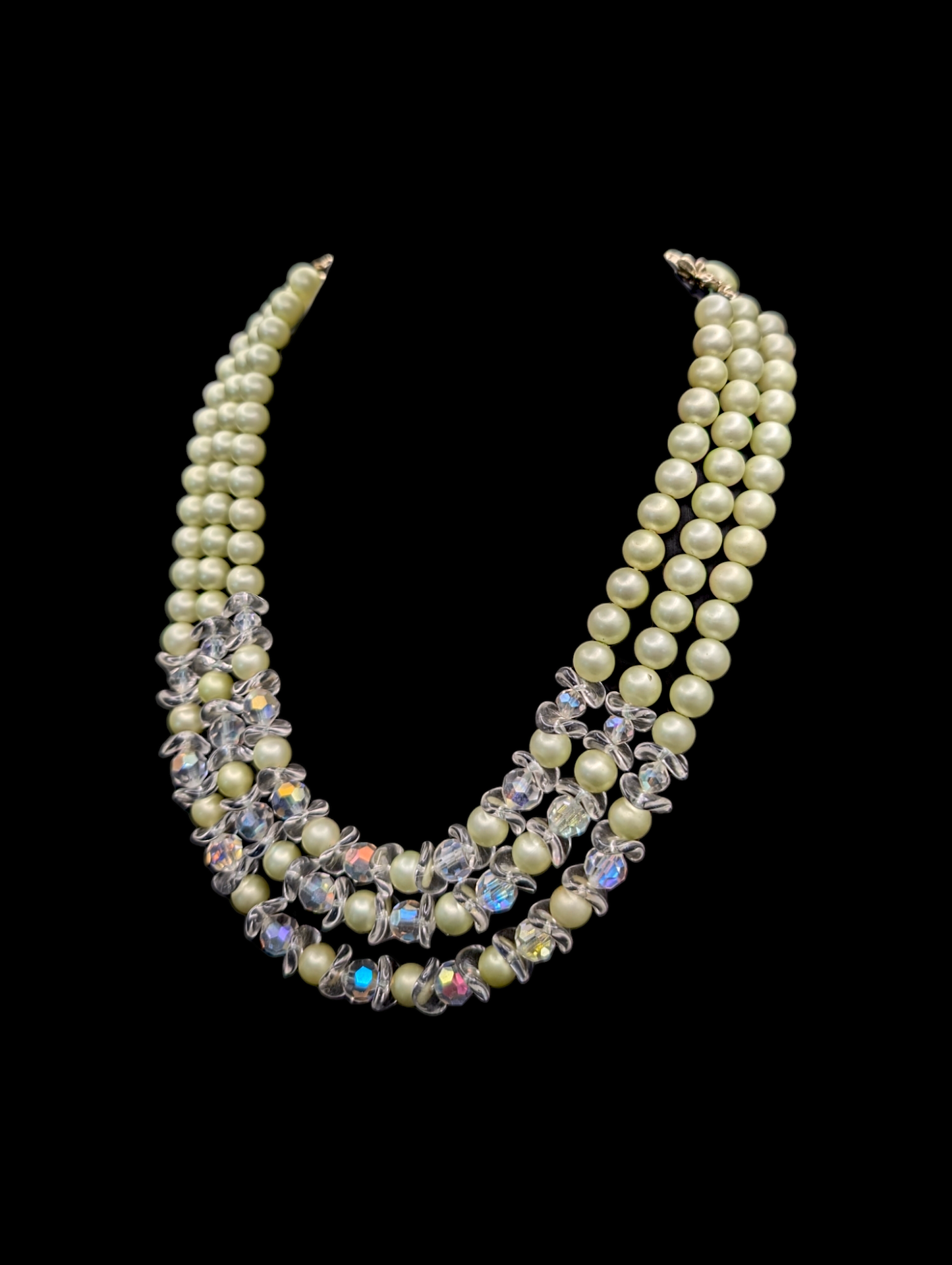 1950s Seafoam Green Freshwater Faux Pearl 3 Strand Necklace with Aurora Borealis Crystal Beads