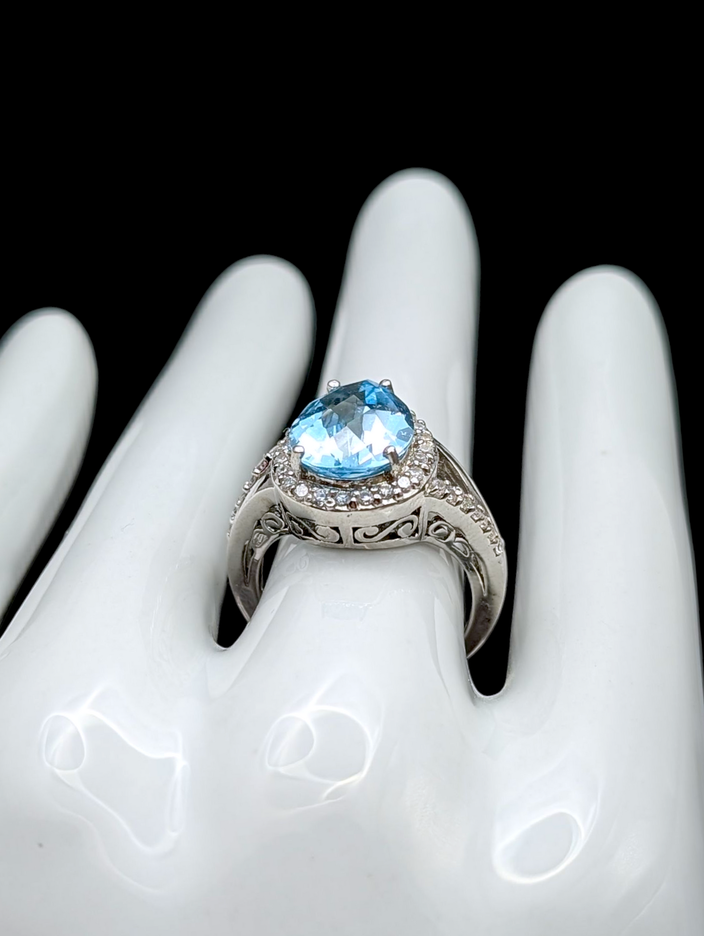 Vintage Large 4+ Carat Pear Cut Genuine Swiss Blue Topaz and Simulated Diamond Sterling Silver Ring